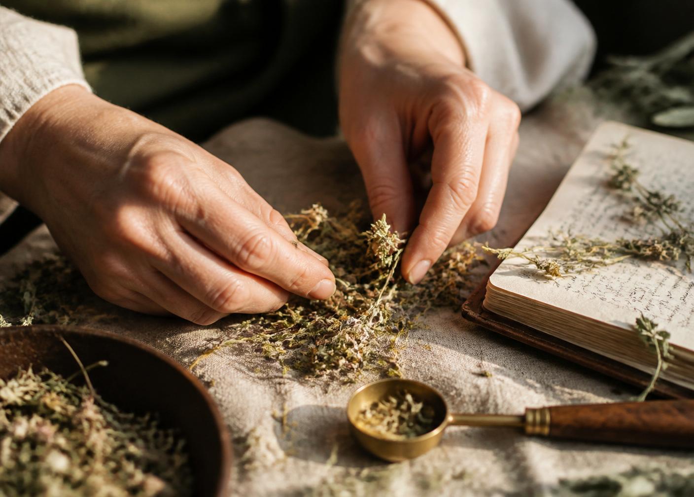 Herbalist's hands carefully sorting dried herbs beside a handwritten notebook.