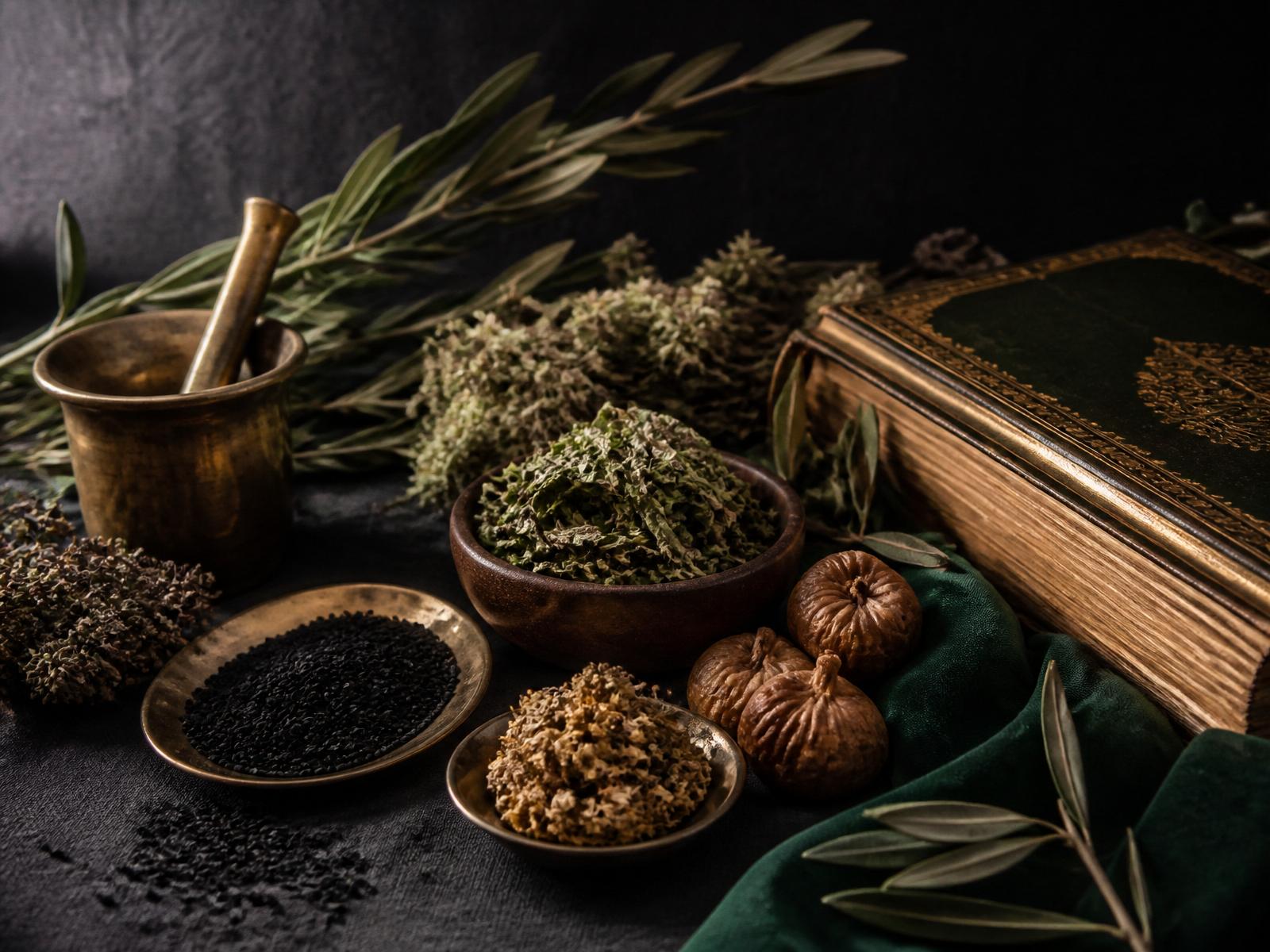 Traditional herbal apothecary with brass mortar, dried herbs, olive branch, and a gold-edged scholarly manuscript.